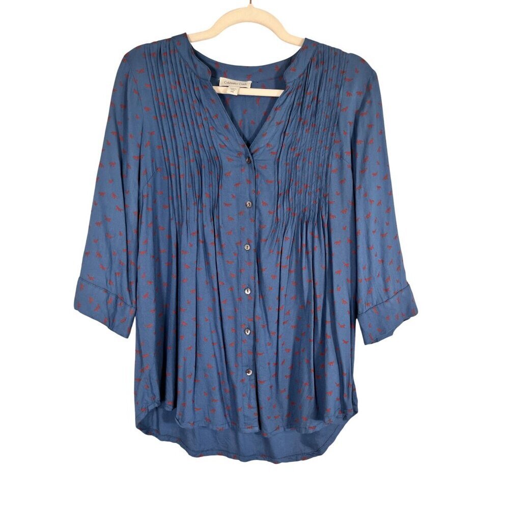 Coldwater Creek Fox Top Blue PM Preppy Classic Chic Retro Festive Neutral Artsy